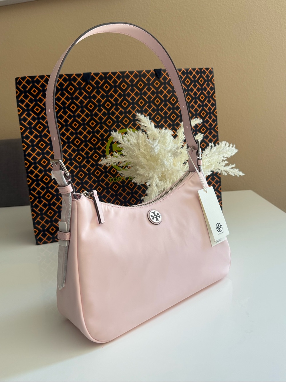 NWT , NYLON SMALL ZIP TOP SHOULDER BAG coral pink $300 - Picture 2 of 11
